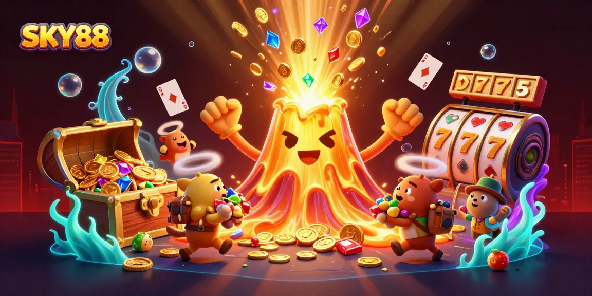 Experience thrilling wins with SKY88, showcasing a vibrant casino scene filled with jackpots and treasures.