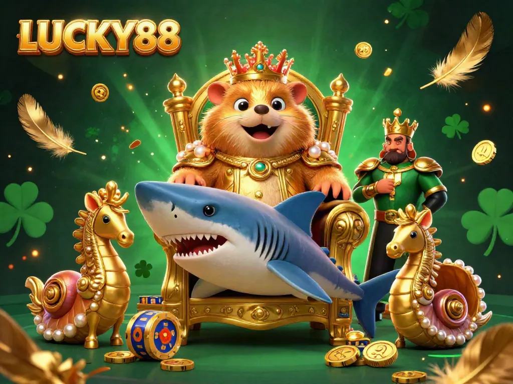 Experience the cosmic excitement of LUCKY88 with a hamster king on a shark throne amidst vibrant casino elements.