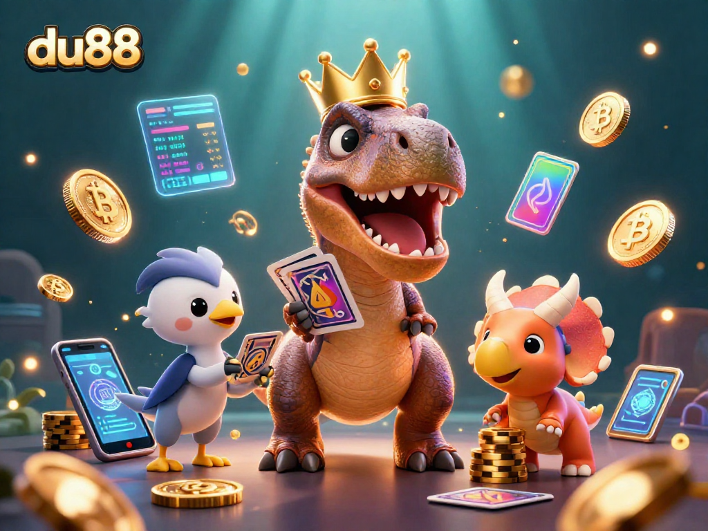 Engage with du88's thrilling 3D casino scene featuring friendly dinosaur characters and vibrant crypto elements.