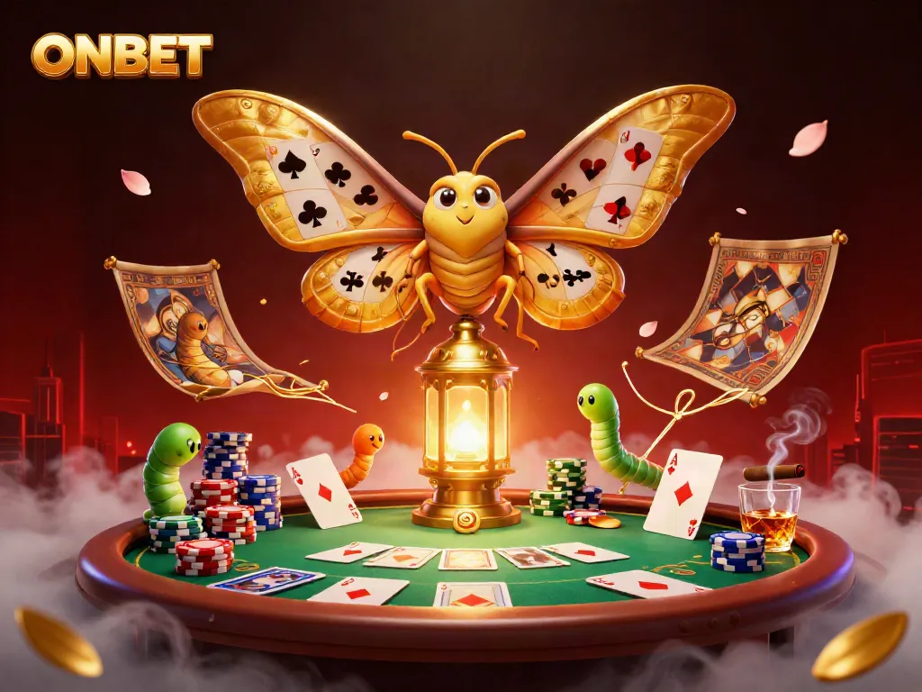 Experience the lavish excitement of ONBET with a vibrant poker scene featuring a golden-winged atlas moth on a lantern.