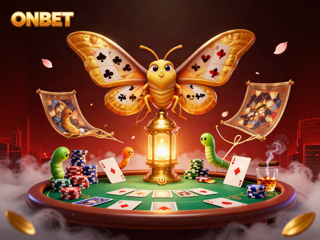 Experience the lavish excitement of ONBET with a vibrant poker scene featuring a golden-winged atlas moth on a lantern.
