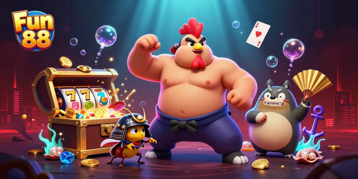 Experience the thrilling gaming action of Fun 88 with vibrant characters and exciting slot elements!