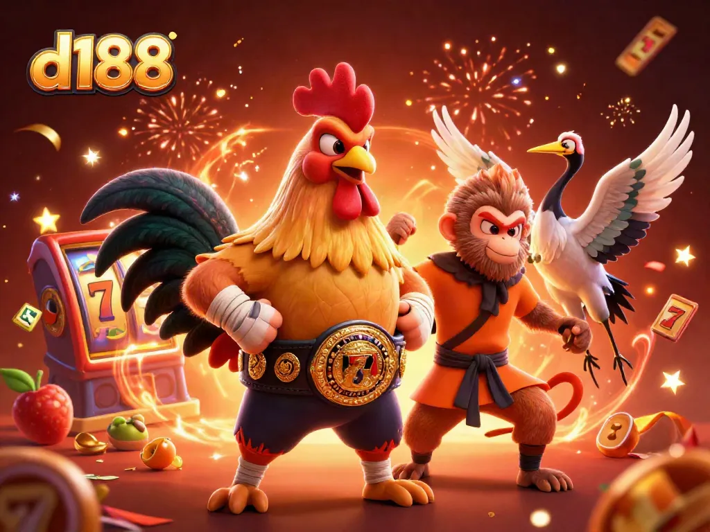 Engage with d188's thrilling slot machine action featuring vibrant characters and rich casino elements.