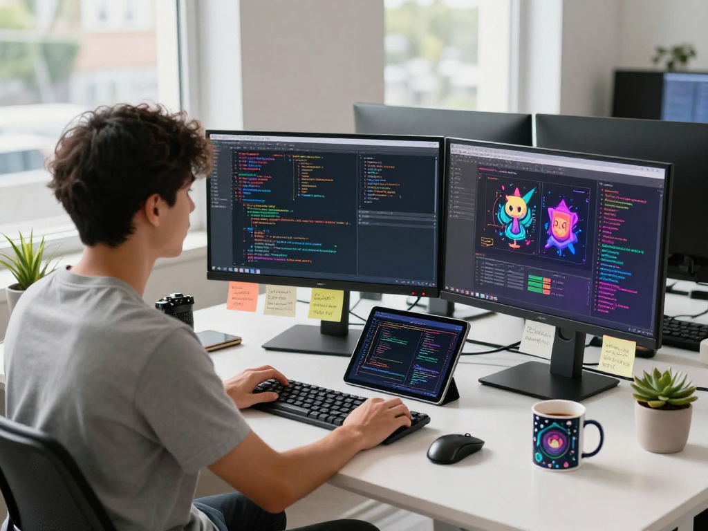 Engaging tech workspace with a developer focused on nsfw ai code and vibrant AI graphics.