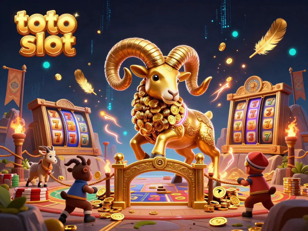 Experience the thrill of toto slot with a golden ram charging into a casino scene filled with vibrant gaming elements.