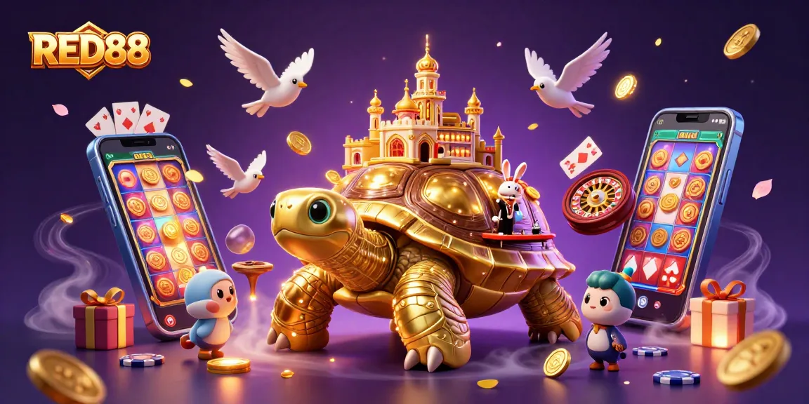 Engage with the vibrant world of RED88 through this 3D casino illustration featuring gaming elements.