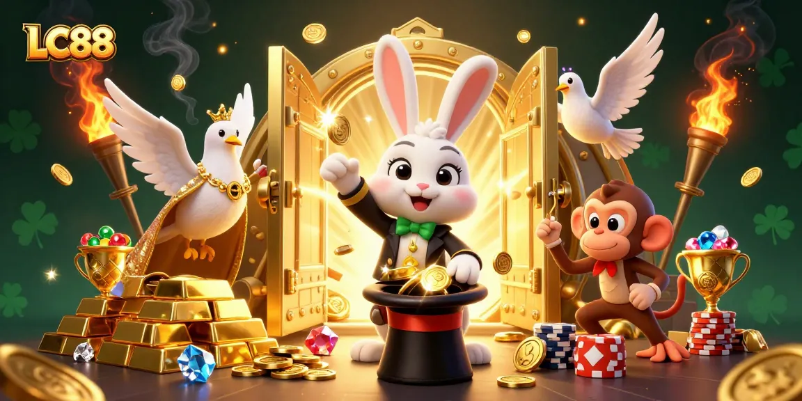 LC88 magician rabbit conjuring golden coins and poker chips in a vibrant casino scene.