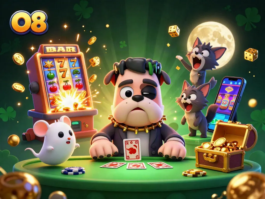 Experience thrilling O8 gaming with a playful Frankenstein bulldog dealer, ghost mouse, and werewolf kitten at a vibrant casino table.