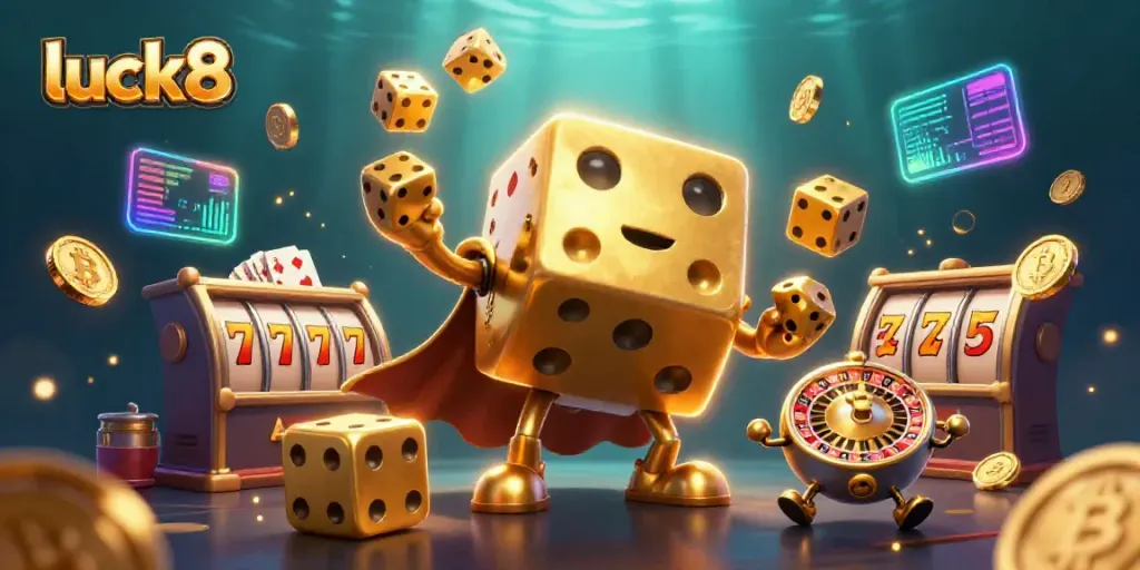 Engage with luck8’s vibrant 3D casino illustration, showcasing golden dice and slot games.