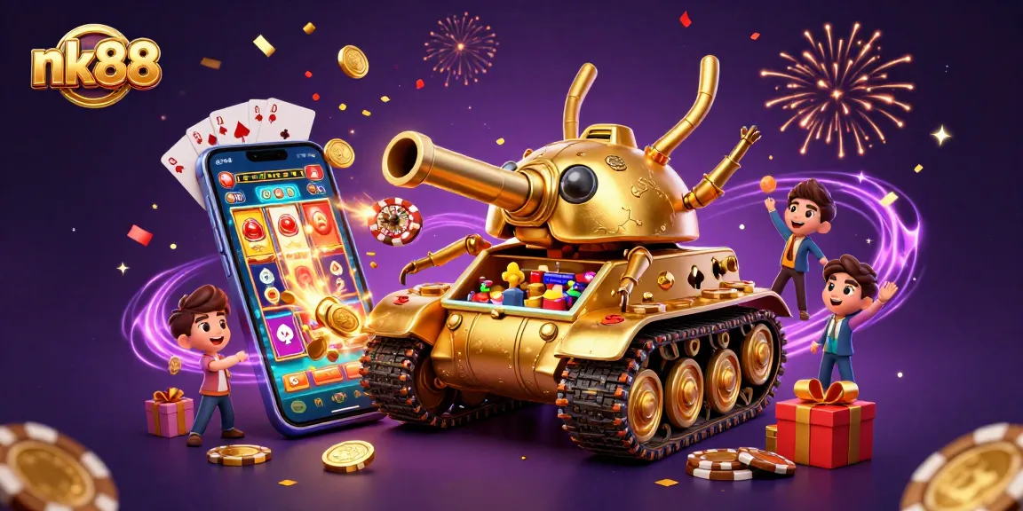Experience thrilling wins at nk88 with a vibrant casino represented by a golden beetle tank.