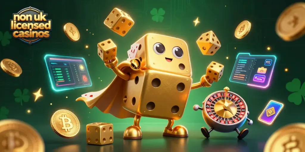 Experience top non uk licensed casinos through this vibrant 3D illustration showcasing gaming excitement.