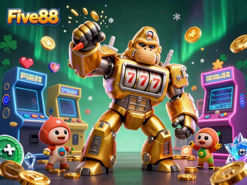 Experience the thrill of Five88 gaming with an explosive 3D casino scene featuring a golden gorilla mech.