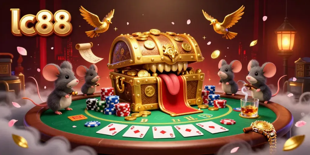 Engage with lc88's colorful poker gameplay, featuring lively treasure chest and poker elements.