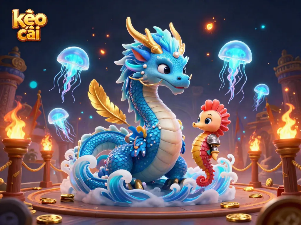 Watch kèo nhà cái come alive with a majestic water dragon and a brave seahorse knight in a vibrant casino-themed world.