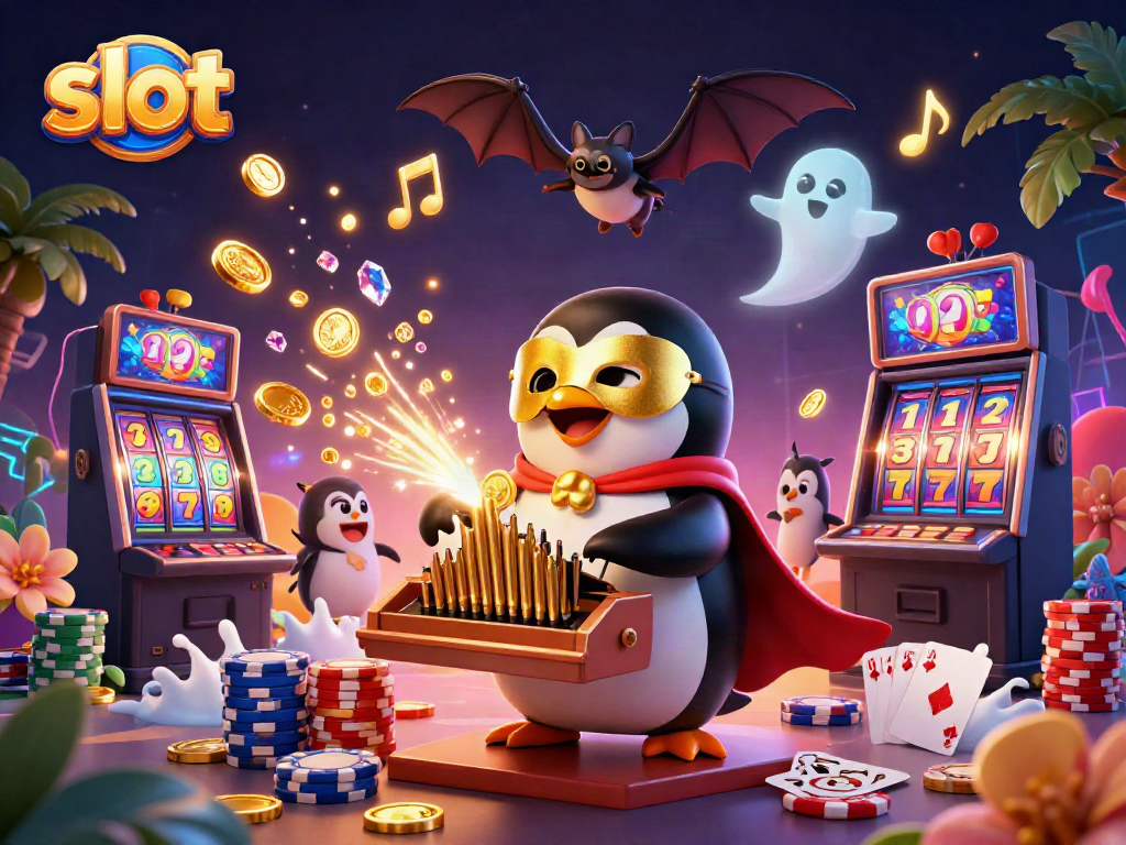 Play slots with a thrilling 3D penguin organist amidst flying coins and colorful chips.