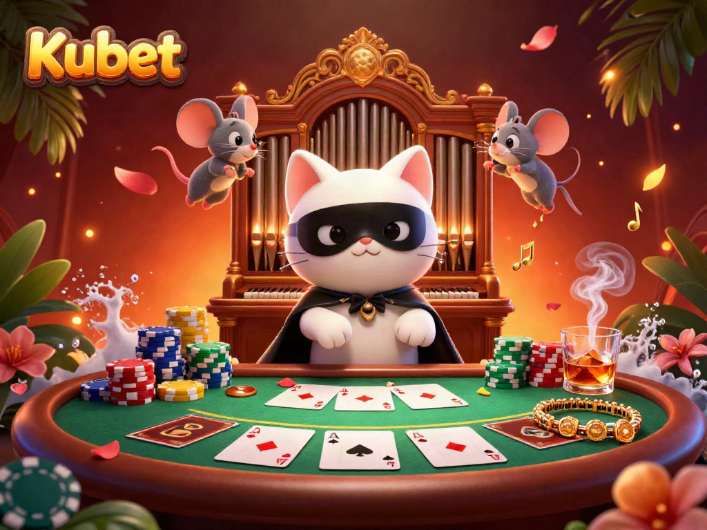Kubet's online casino features a vibrant casino scene with a cat playing organ amidst poker action.