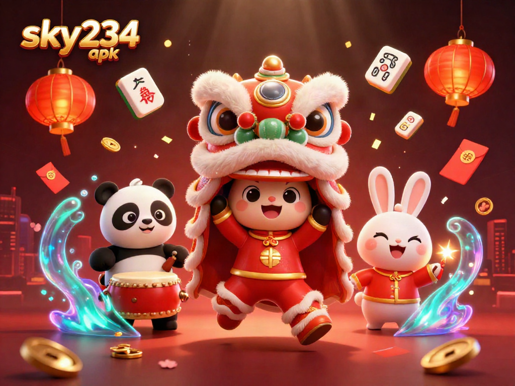 Engage with the sky234 apk featuring a vibrant lion dance scene surrounded by exciting casino elements.