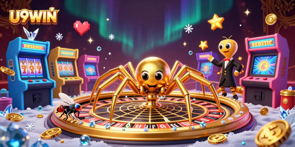 Bet with U9WIN in a vibrant scene of a golden spider and centipede croupier spinning the roulette.