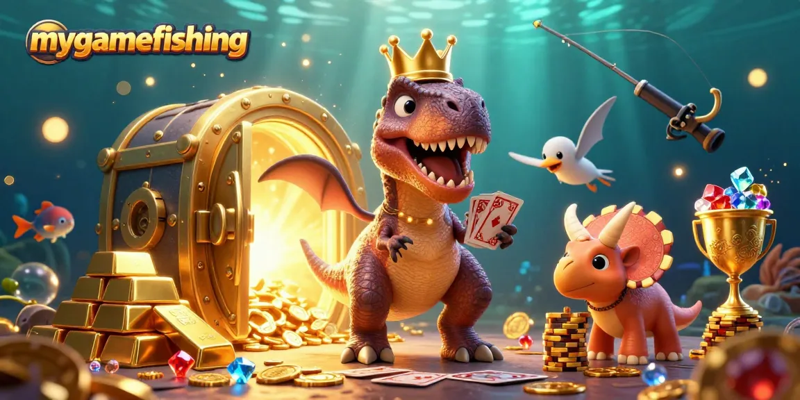 Engage in the mygamefishing adventure with dinosaurs playing cards in a treasure-filled scene!