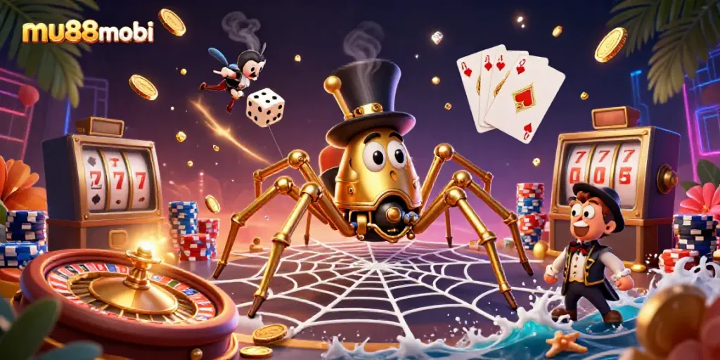 Engage with interactive casino fun at mu88mobi, featuring a steampunk spider and golden coins.