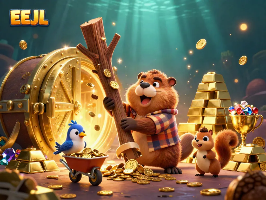 Spin and win with EEJL amidst a vibrant treasure scene filled with coins and gems.