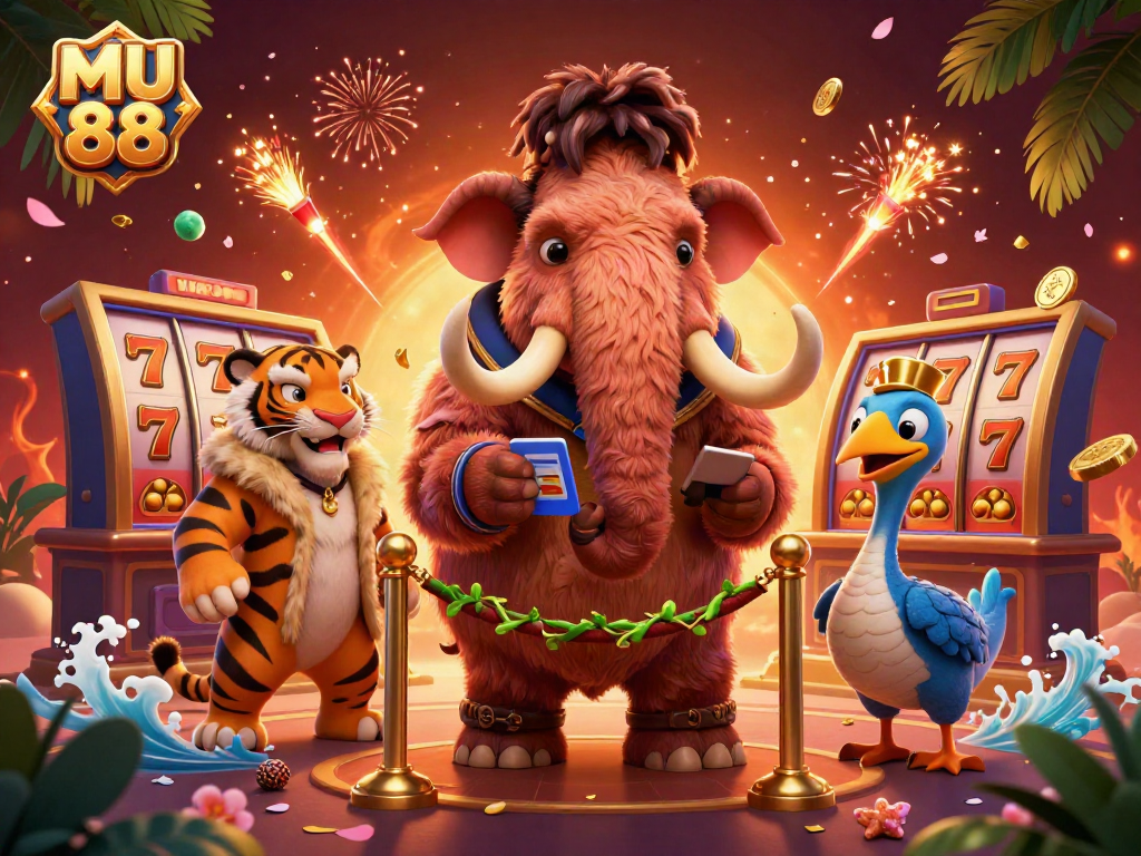 Engage with MU 88 in a vibrant casino scene featuring a woolly mammoth bouncer and high-stakes gamblers.