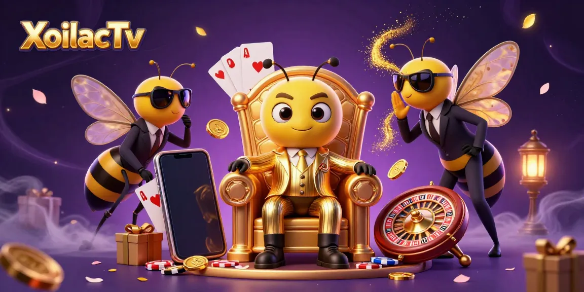 XoilacTv's vibrant 3D casino scene with a bumblebee mob boss, wasp bodyguards, and a butterfly informant, surrounded by gaming elements.