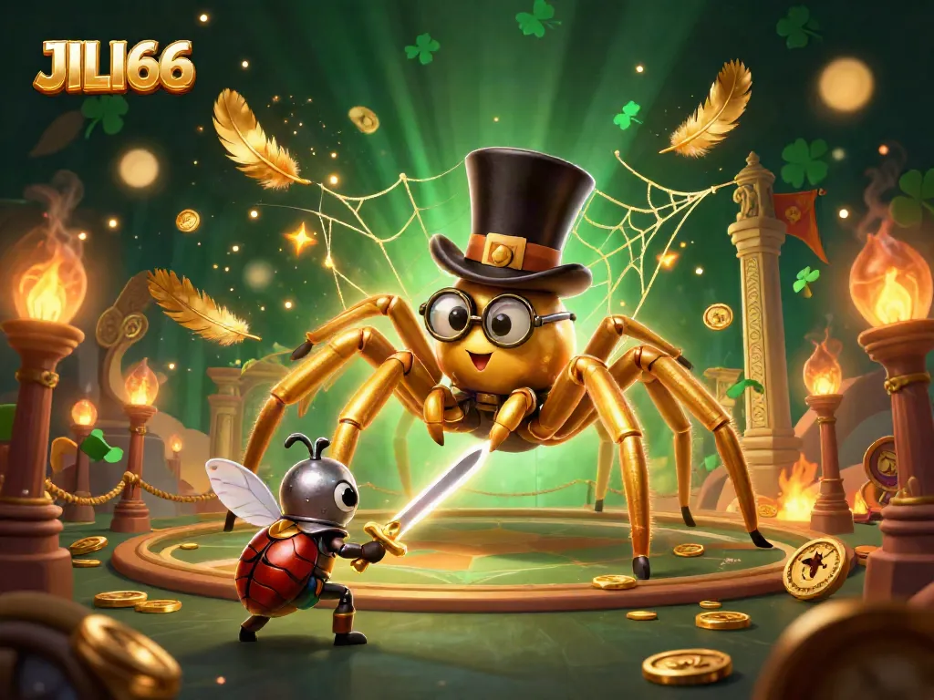 Engage with JILI66's dynamic casino scene featuring a golden tarantula and a beetle knight.