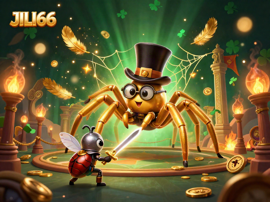 Engage with JILI66's dynamic casino scene featuring a golden tarantula and a beetle knight.