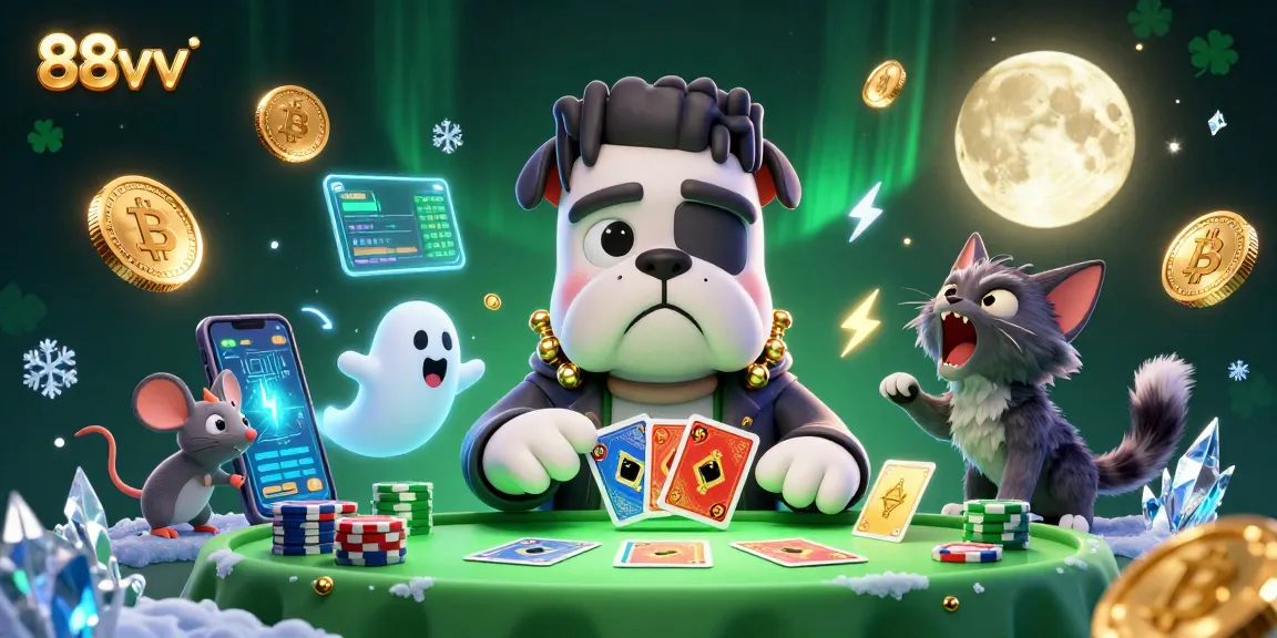 Engage with 88vv as the funky Frankenstein bulldog monster deals cards in a thrilling casino setting