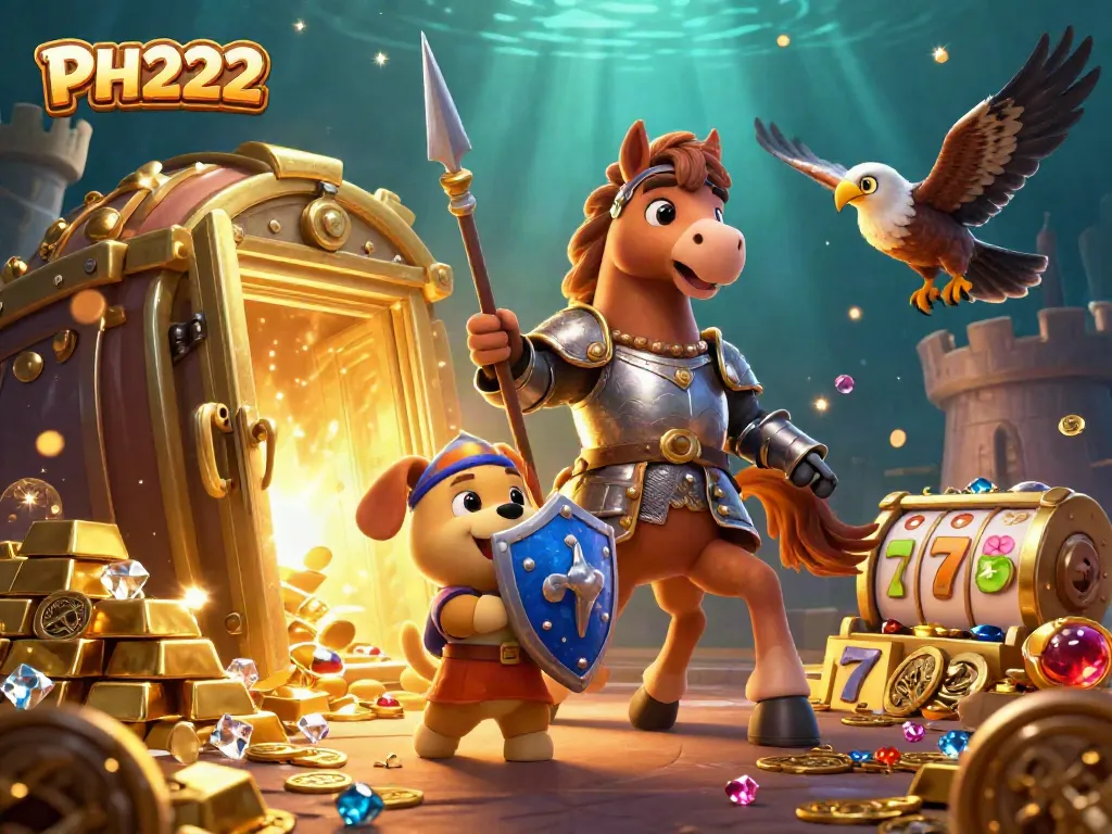 Engage with PH222 casino action as a knight, puppy, and falcon navigate a treasure-filled scene.