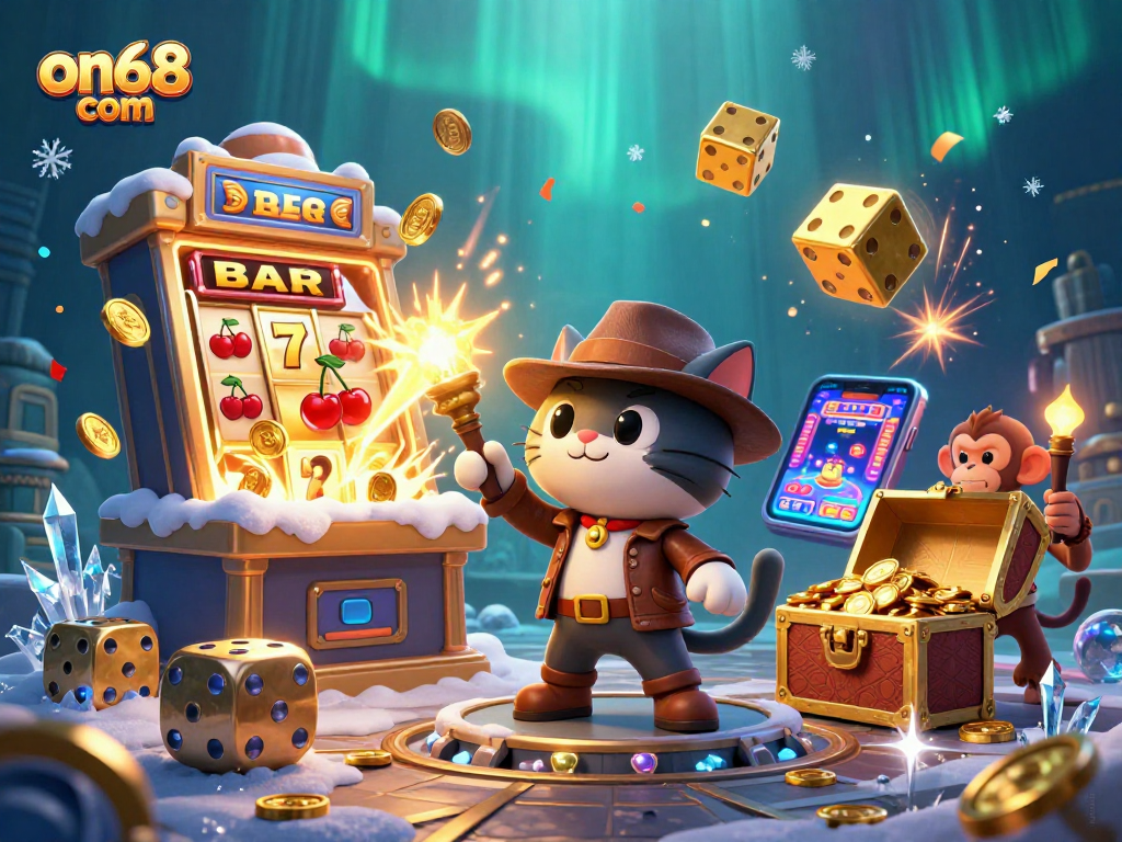 Experience thrilling jackpot moments at on68 com with an explorer cat and monkey companion uncovering hidden treasures.