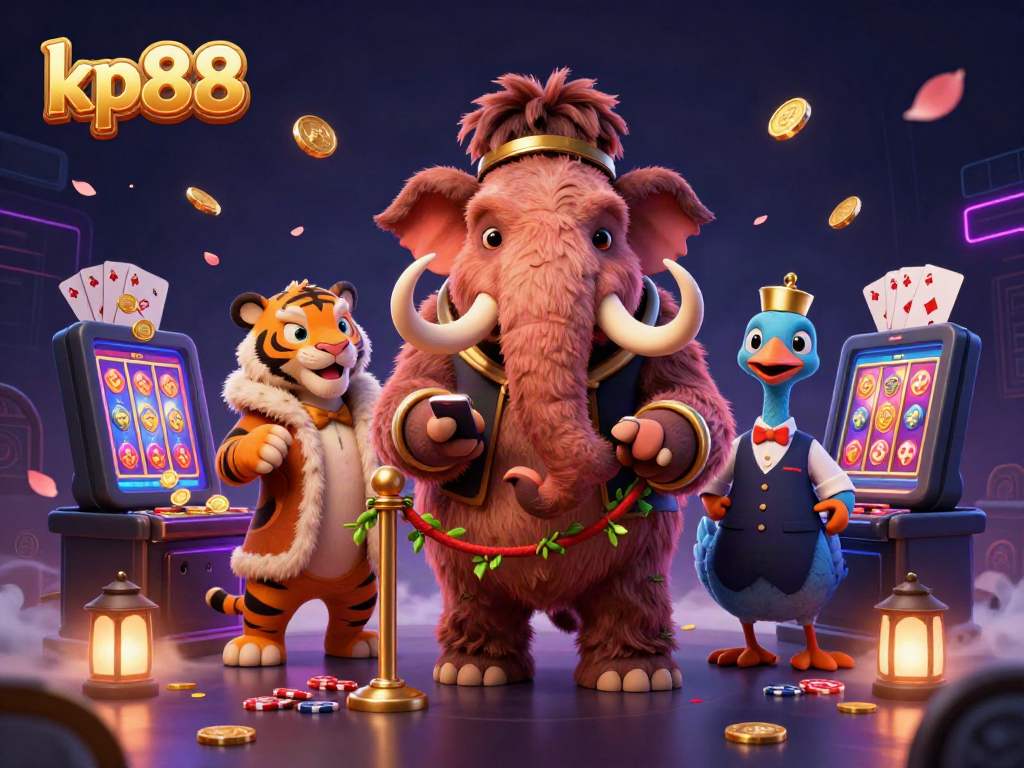 Experience kp88's stunning casino atmosphere with a vibrant 3D scene featuring distinctive characters and dynamic gaming elements.
