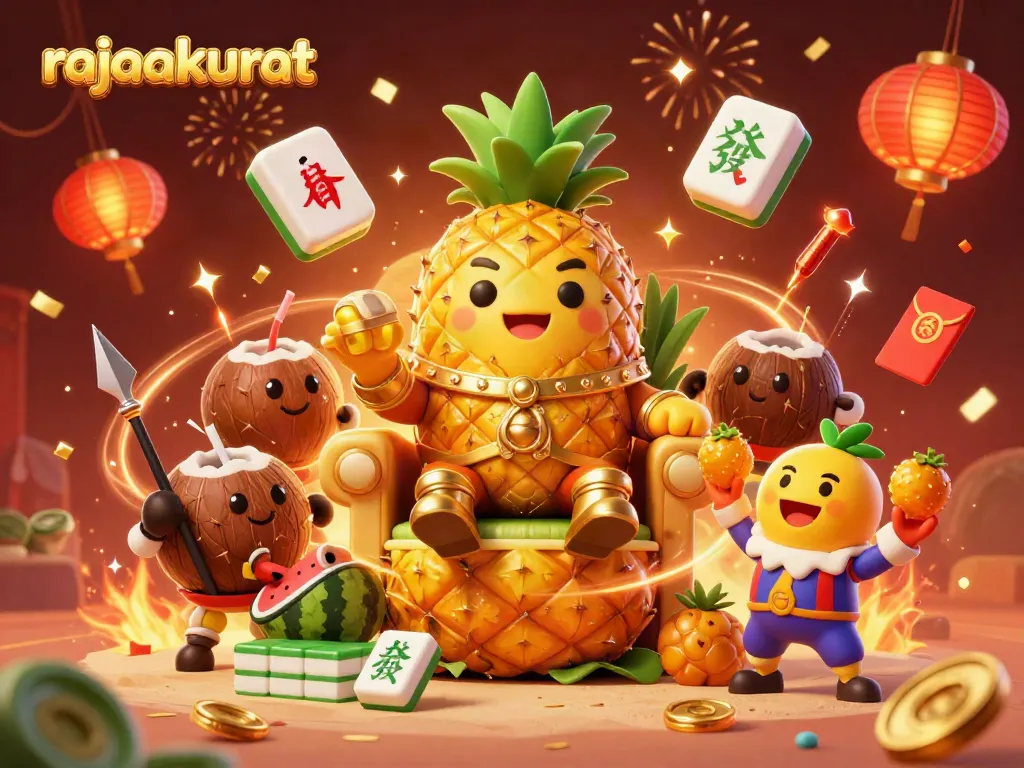 Rajaakurat mempersembahkan ilustrasi kasino dengan raja nanas, penjaga kelapa, dan badut mangga yang merayakan kemenangan.
