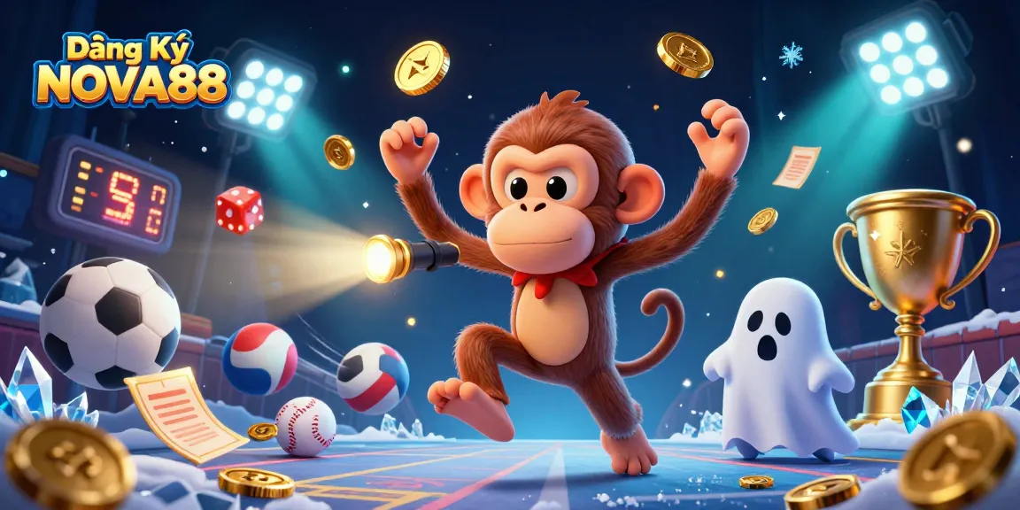 Engage in Đăng Ký NOVA88 with the poltergeist monkey and ghost-hunter puppy in a dynamic casino scene.