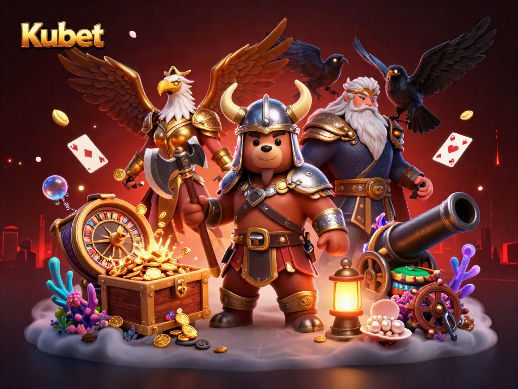 Engage with Kubet's thrilling gaming adventure featuring a Viking berserker, Valkyrie eagle, and glowing treasures.