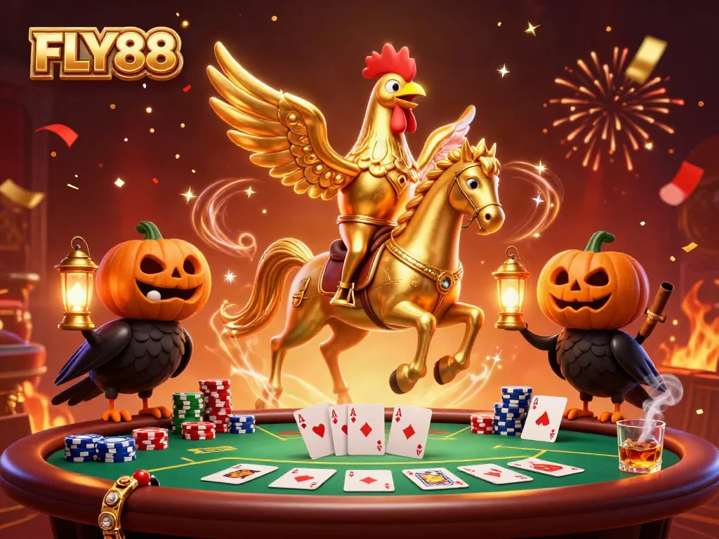 FLY88 engages players with a vibrant, action-packed casino scene featuring a golden rooster and crow companions.