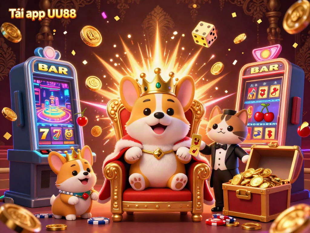 Engage with the vibrant scene showcasing "Tải app UU88," featuring a royal corgi and a cat butler among exciting casino elements, all in 3D.