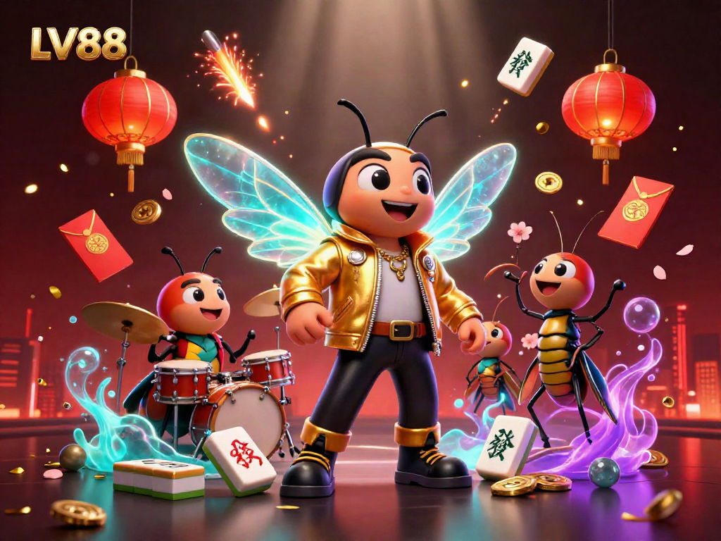 LV88 showcases a dynamic scene with a rock star cicada, vibrant elements, and casino-themed decorations.