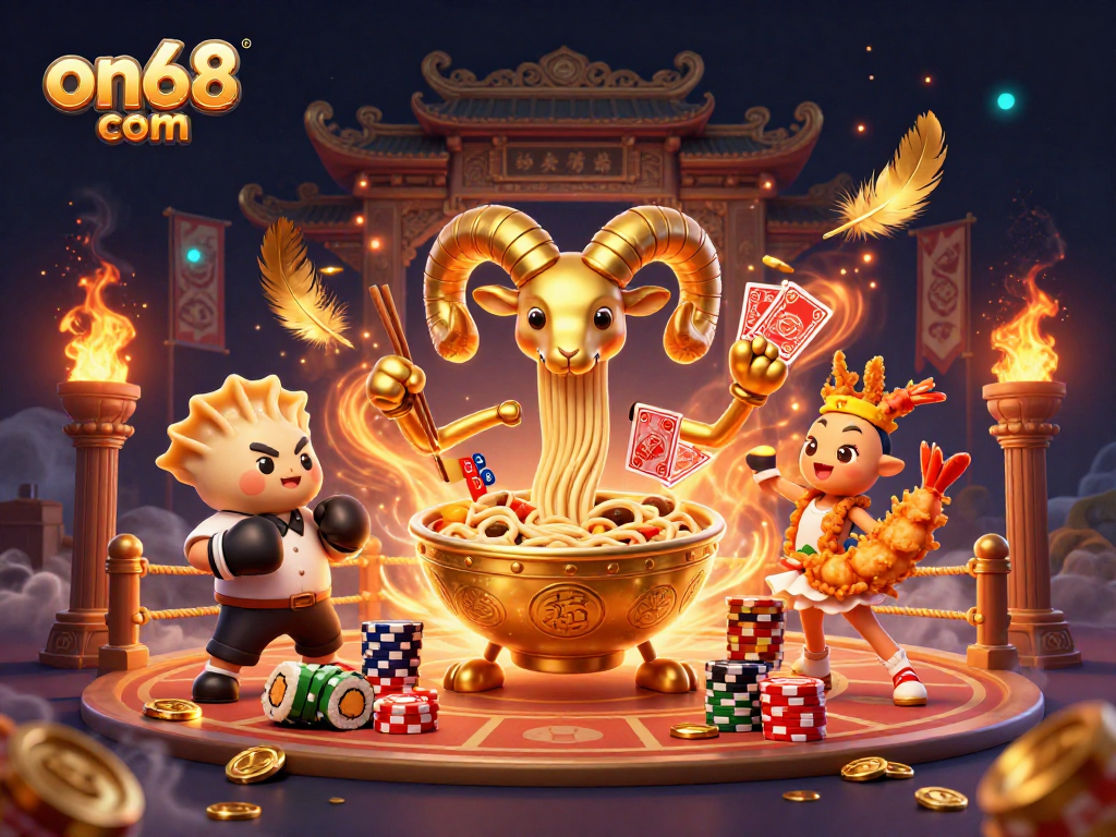 Engage with on68 com’s vibrant casino scene featuring a golden ramen bowl dealing cards amid dynamic gaming elements.
