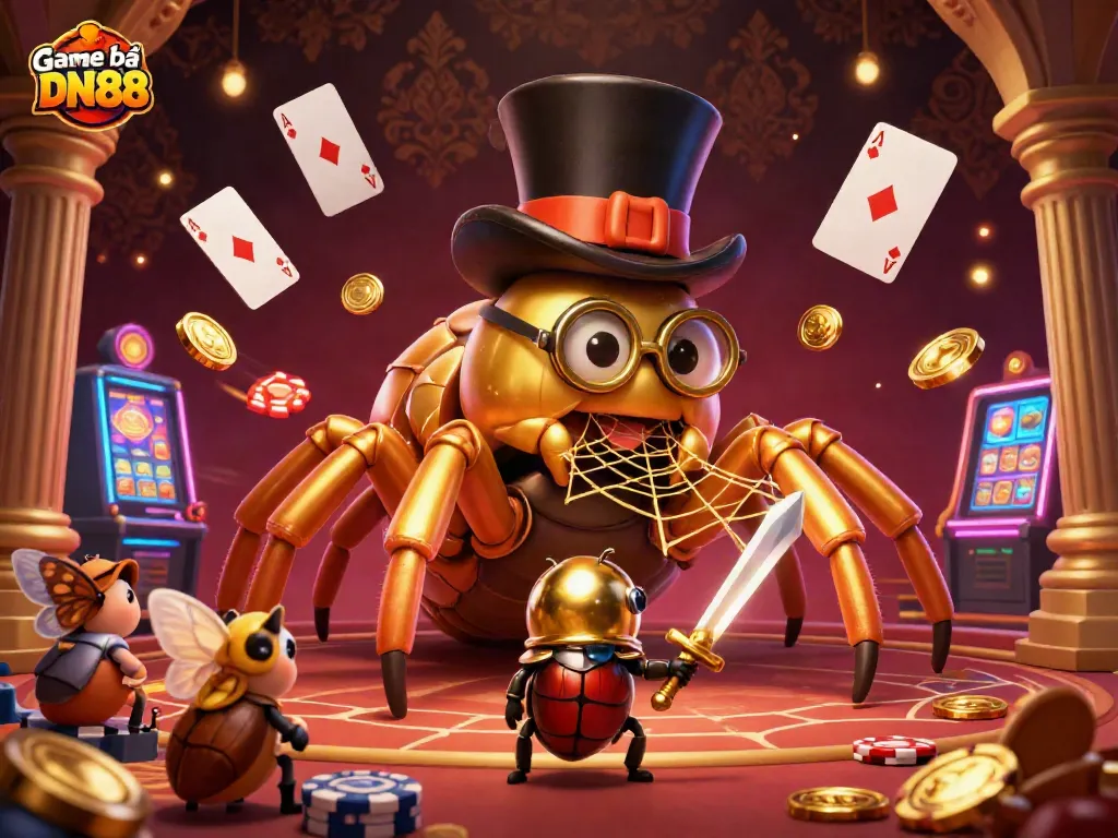 Engage with exciting Game bài DN88 challenges featuring a gold tarantula and tiny armored beetle in a vibrant casino.