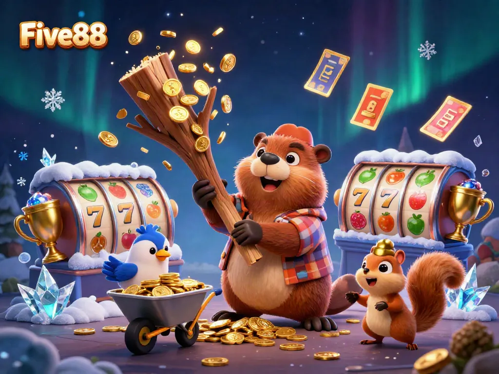 Experience thrilling gameplay at Five88 with our animated beaver character winning coins while spinning slots!