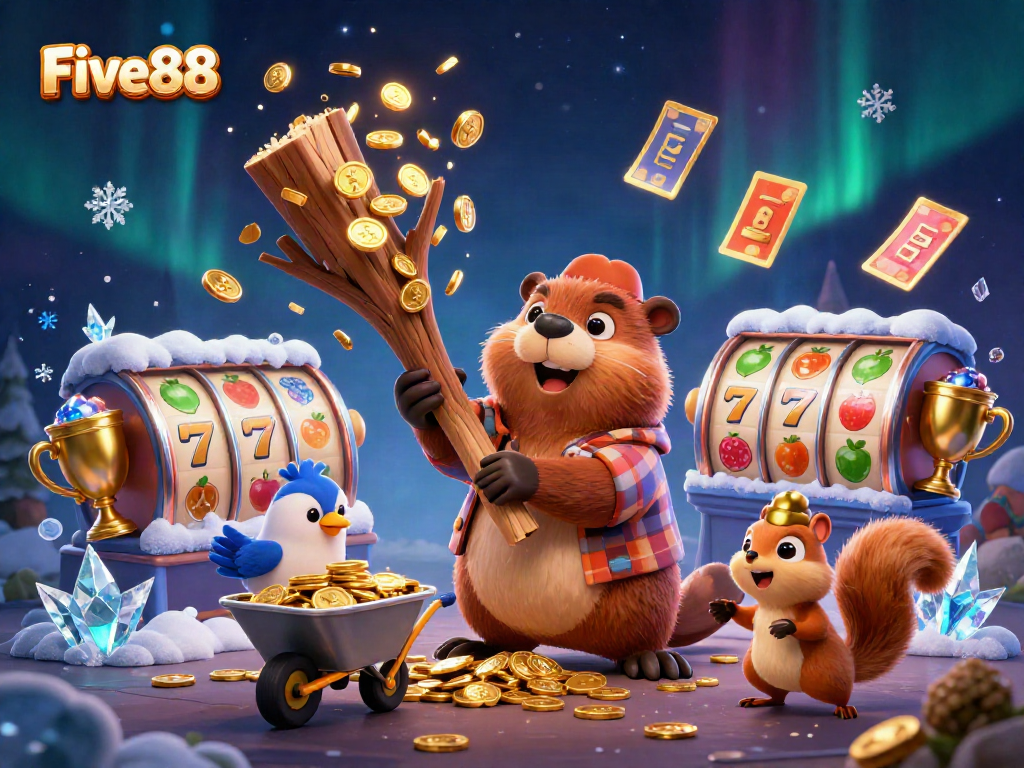 Experience thrilling gameplay at Five88 with our animated beaver character winning coins while spinning slots!