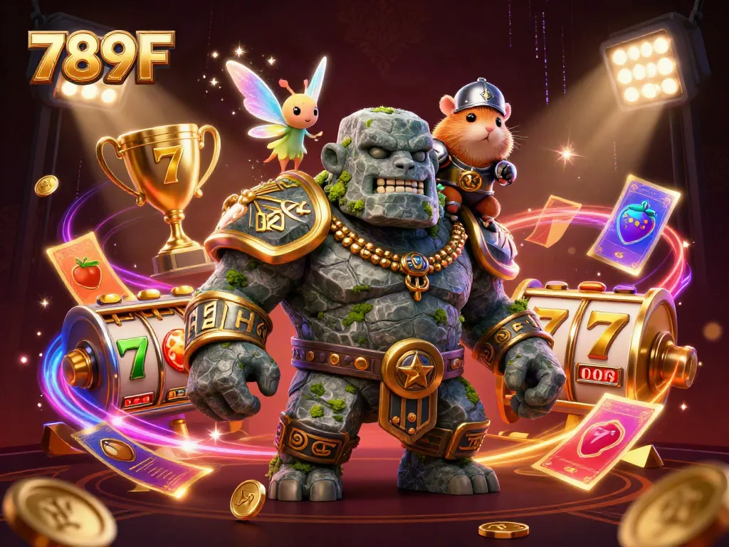 Engage in thrilling casino action with 789F as characters explore vibrant slot machines and golden trophies.
