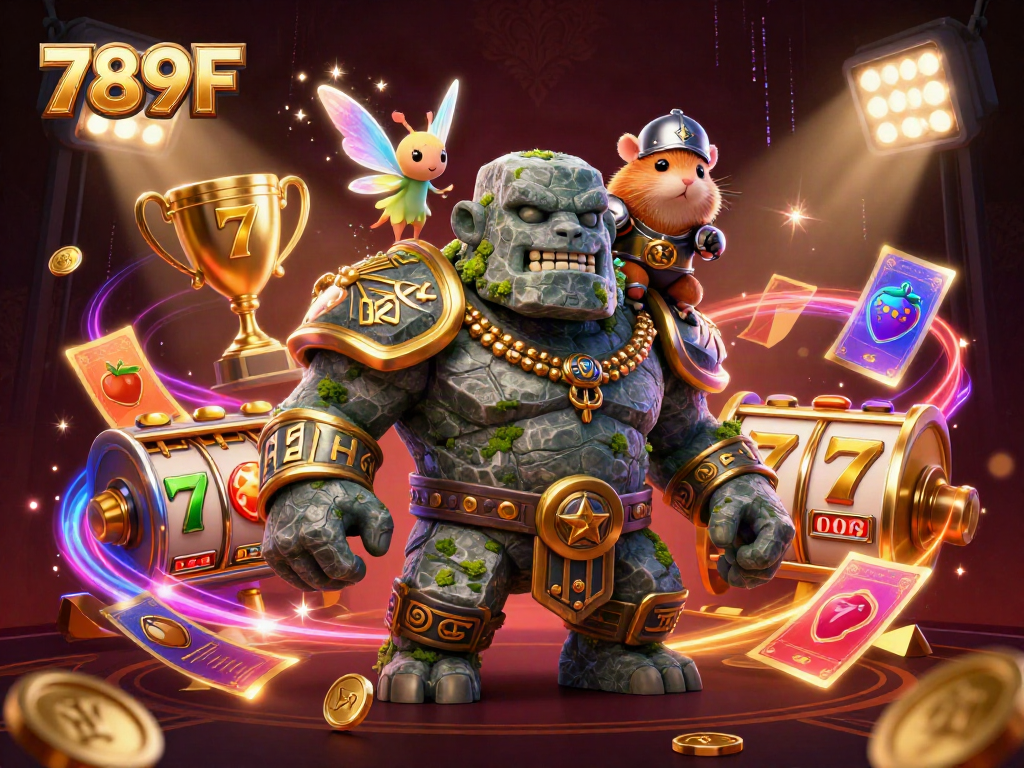 Engage in thrilling casino action with 789F as characters explore vibrant slot machines and golden trophies.