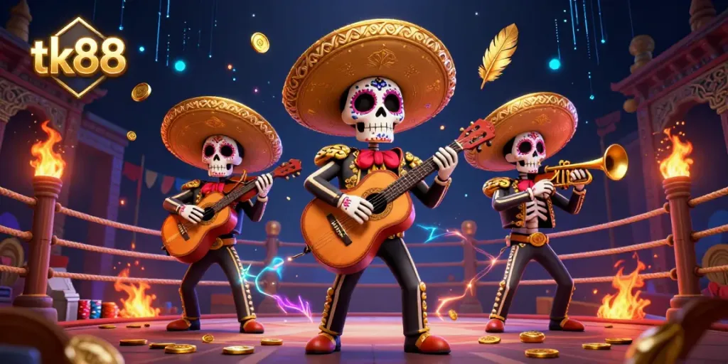 Experience thrilling gaming with tk88 featuring a vibrant skeleton band in a dynamic casino arena.