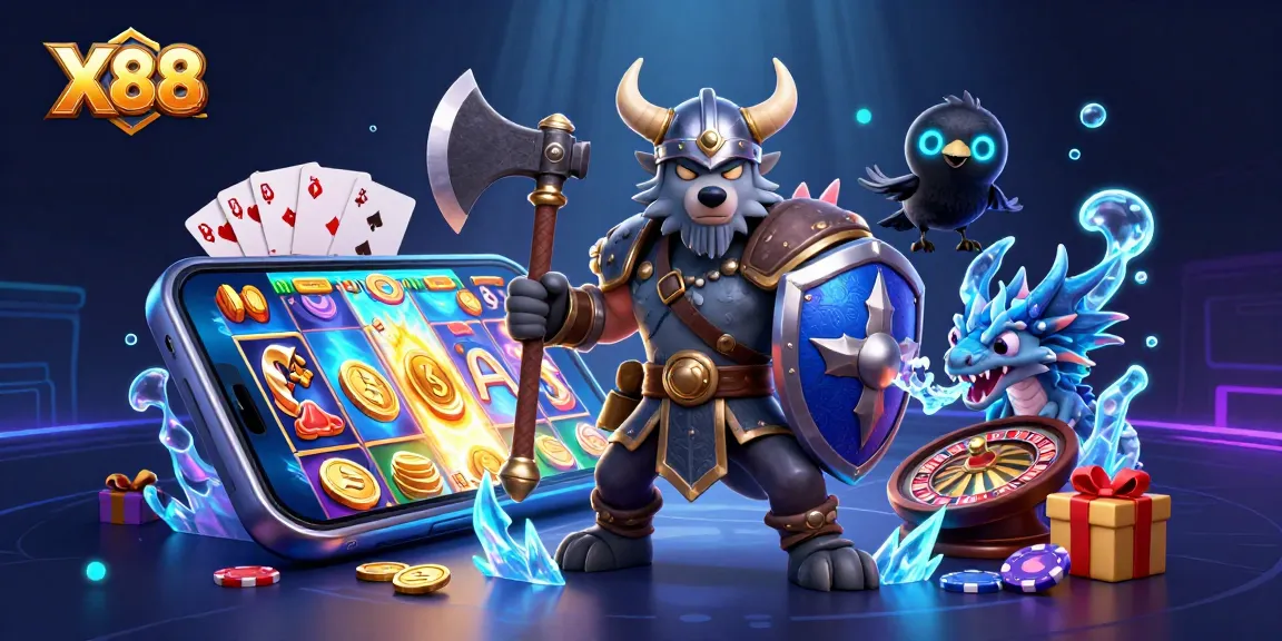 X88 players spin slot reels amidst a vibrant casino scene with a Viking warrior, dragon, and raven.