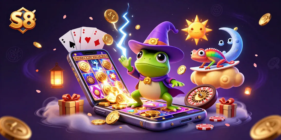 S8 wizard frog creating a golden coin storm with gaming elements for online betting excitement.