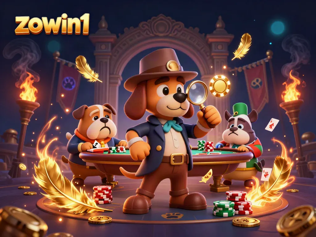 Experience thrilling adventures at zowin1 with a detective bloodhound and a Watson bulldog amidst golden betting tokens.