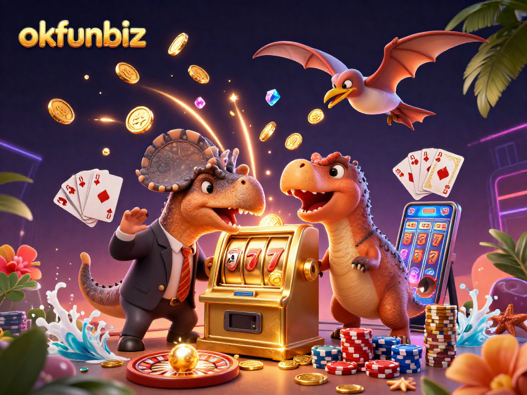 OKFUNBIZ highlights thrilling jackpots as a pachycephalosaurus hits a slot machine amidst dynamic casino excitement.